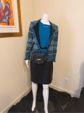 Ming Wang Fringe Trim Striped Tweed Knit Jacket S